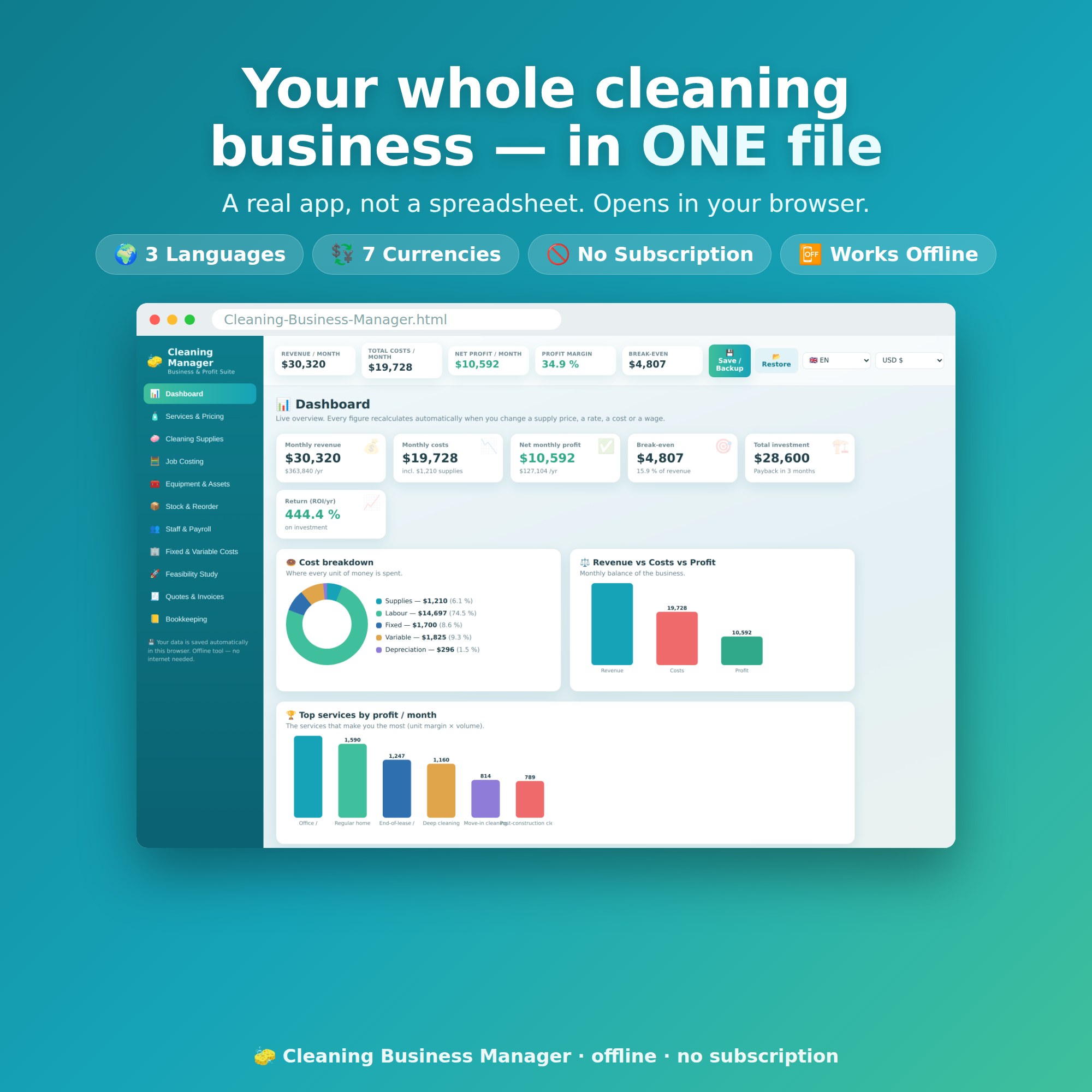 Cleaning Business Manager App | Job Pricing, Cost & Profit Calculator + Invoices | Offline, No Subscription