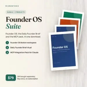 Founder OS Suite: covers of the Founder OS, Daily Founder Brief and MCP Integration Pack guides