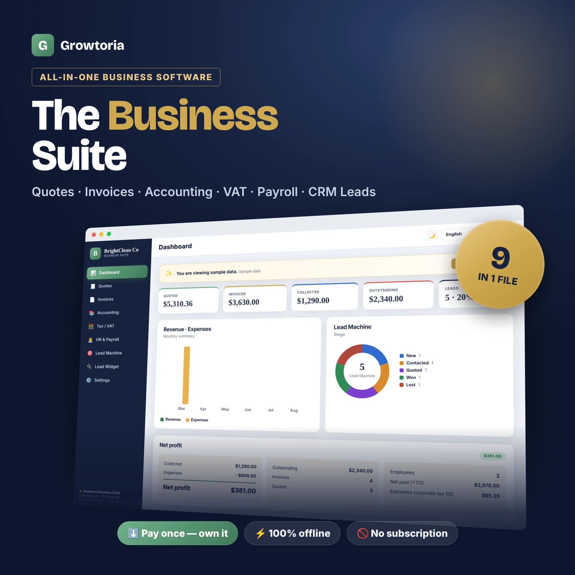 Small Business Software - Growtoria Business Suite | Invoice, Quote, Accounting, Payroll, VAT & CRM — All-in-One Offline Small Business App (No Subscription)