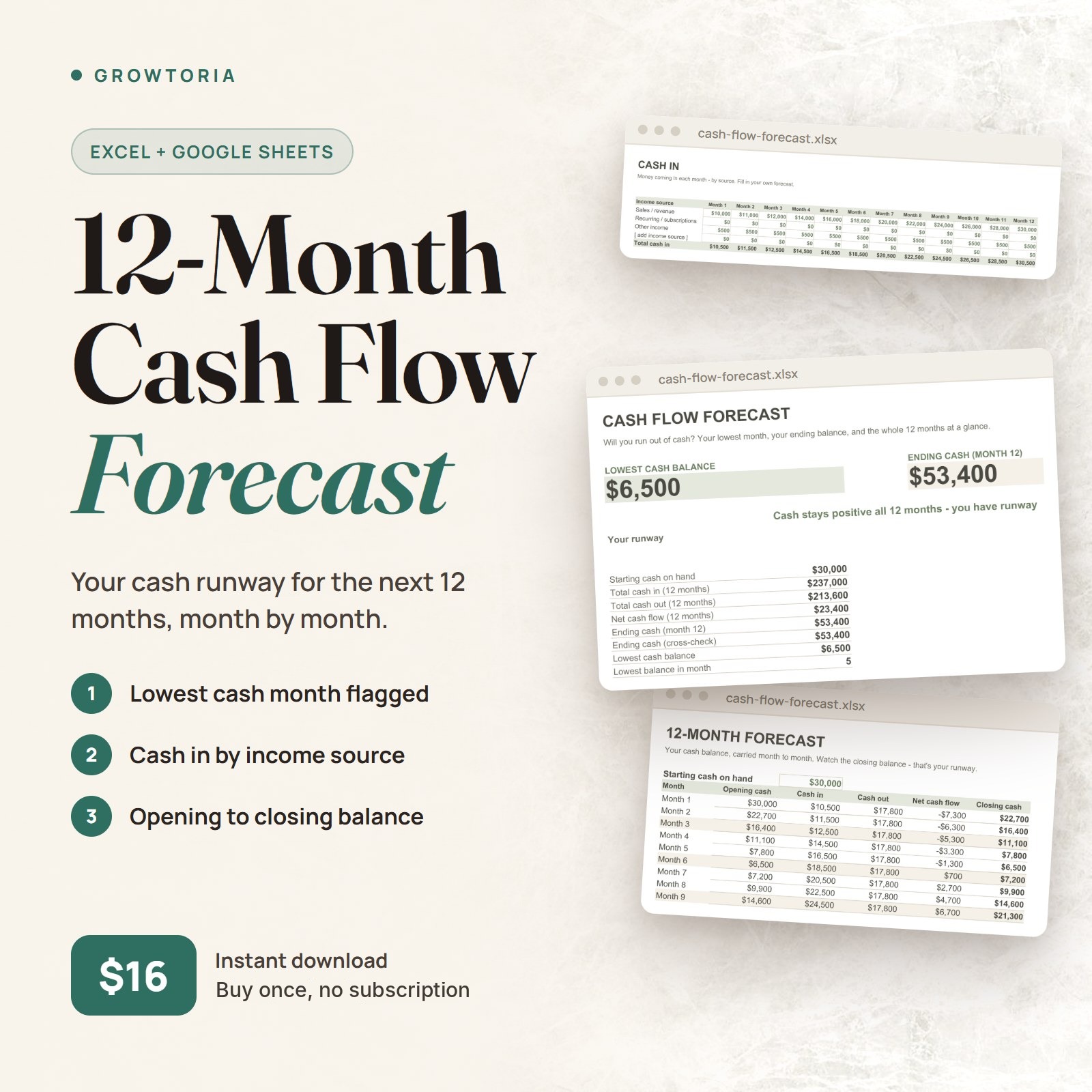 12-Month Cash Flow Forecast Spreadsheet | Small Business Runway Projection (Google Sheets, Excel)