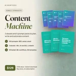D2 Content Machine bundle: 3 ebooks, 5 prompt packs and 50 tested n8n workflows, $129