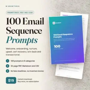 100 Email Sequence Prompts: real cover and inside pages, 32-page PDF with Markdown and CSV, $19