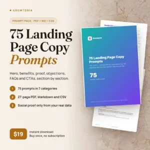 75 Landing Page Copy Prompts: real cover and inside pages, 27-page PDF with Markdown and CSV, $19