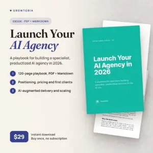 Launch Your AI Agency in 2026 ebook: real cover and inside pages, 120-page PDF + Markdown, $29