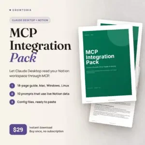 MCP Integration Pack: setup guide cover, first day cheatsheet and an inner page