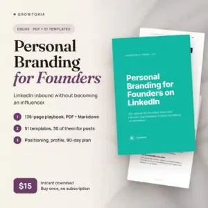 Personal Branding for Founders on LinkedIn ebook: real cover and inside pages, 136-page PDF with 51 templates, $15