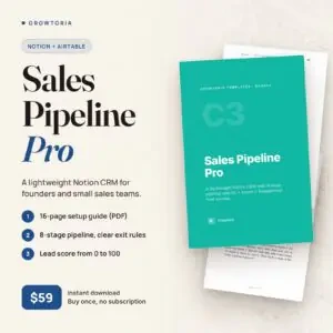 C3 Sales Pipeline Pro: cover and inner pages of the 16-page Notion CRM setup guide