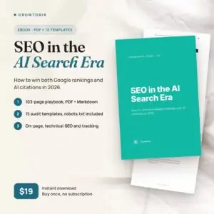 SEO in the AI Search Era ebook: real cover and inside pages, 103-page PDF with 15 audit templates, $19