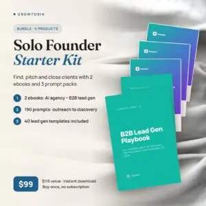 D1 Solo Founder Starter Kit: covers of the 2 ebooks and 3 prompt packs in the bundle, $99