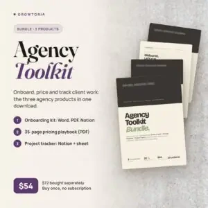 Agency Toolkit Bundle: covers of the welcome guide, pricing playbook, welcome packet and tracker guide