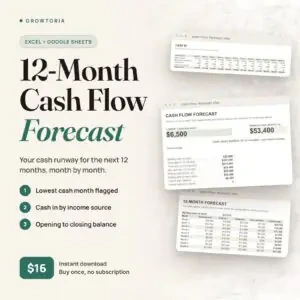 12-Month Cash Flow Forecast: runway dashboard, cash in and forecast tabs of the spreadsheet