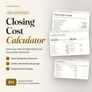 Closing Cost Calculator: cash to close estimate, purchase and closing costs tabs of the spreadsheet