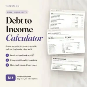 Debt to Income Calculator: DTI dashboard, monthly debts and income tabs of the spreadsheet