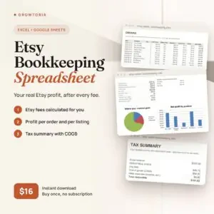 Etsy Bookkeeping Spreadsheet: profit dashboard, orders and tax summary tabs