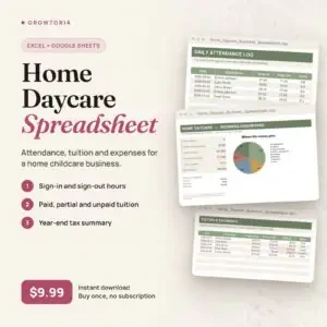 Home Daycare Business Spreadsheet: dashboard, attendance log and tuition tabs