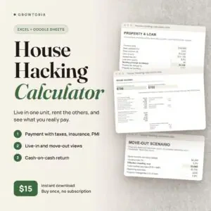 House Hacking Calculator: dashboard, property and loan, and move-out tabs of the spreadsheet