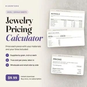 Jewelry Pricing Calculator: materials, cost per piece and pricing tabs of the spreadsheet