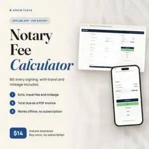 Notary Fee Calculator: the signing invoice on desktop and the total due on mobile