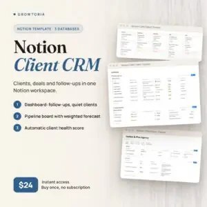 Notion CRM Client Tracker: Notion template with a client dashboard, deals pipeline and client pages