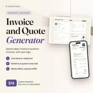Offline Invoice and Quote Generator: the invoice editor on desktop and the invoice preview on mobile