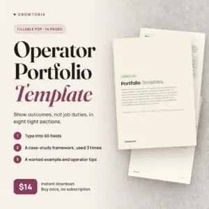 Operator Portfolio Template: cover, case-study framework and positioning pages of the fillable PDF