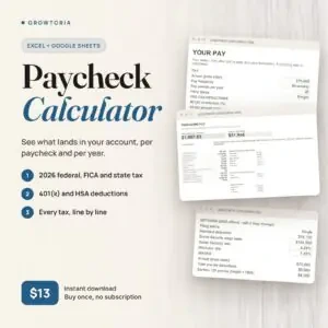 Paycheck Calculator: take-home pay dashboard, pay inputs and tax detail tabs of the spreadsheet