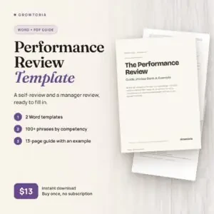 Performance Review Template: guide cover, self-evaluation template and phrase bank pages