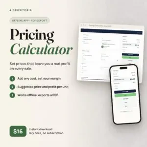 Pricing Calculator App: costs and margin on desktop and the suggested price on mobile