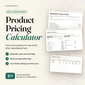 Product Pricing Calculator: pricing dashboard, marketplace fees and catalog tabs of the spreadsheet