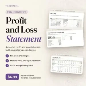 Small Business Profit and Loss Statement: dashboard, income and monthly P&L tabs
