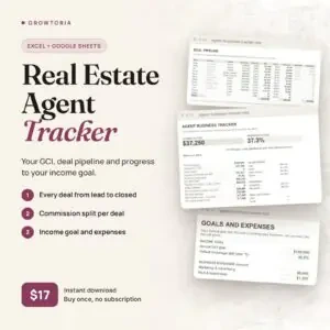Real Estate Agent Tracker: GCI dashboard, deal pipeline and goals tabs of the spreadsheet