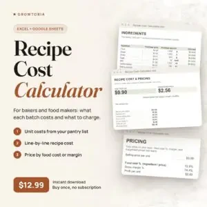 Recipe Cost Calculator: ingredients, recipe cost and pricing tabs of the spreadsheet