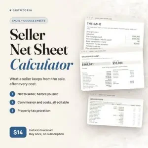 Seller Net Sheet Calculator: net to seller dashboard, sale and seller costs tabs of the spreadsheet