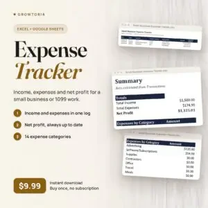 Small Business Expense Tracker: summary, transactions and expense categories of the spreadsheet