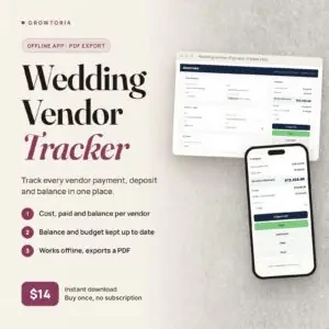 Wedding Vendor Payment Tracker: vendor payments on desktop and the balance summary on mobile