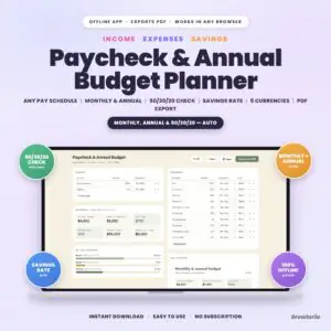 Paycheck & Annual Budget Planner App | 50/30/20 Budget, Savings Rate, Monthly & Annual, PDF | Offline, No Subscription