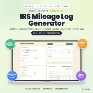 IRS Mileage Log Generator App | Auto Mileage Deduction at IRS Rate, PDF Export | Offline, No Subscription