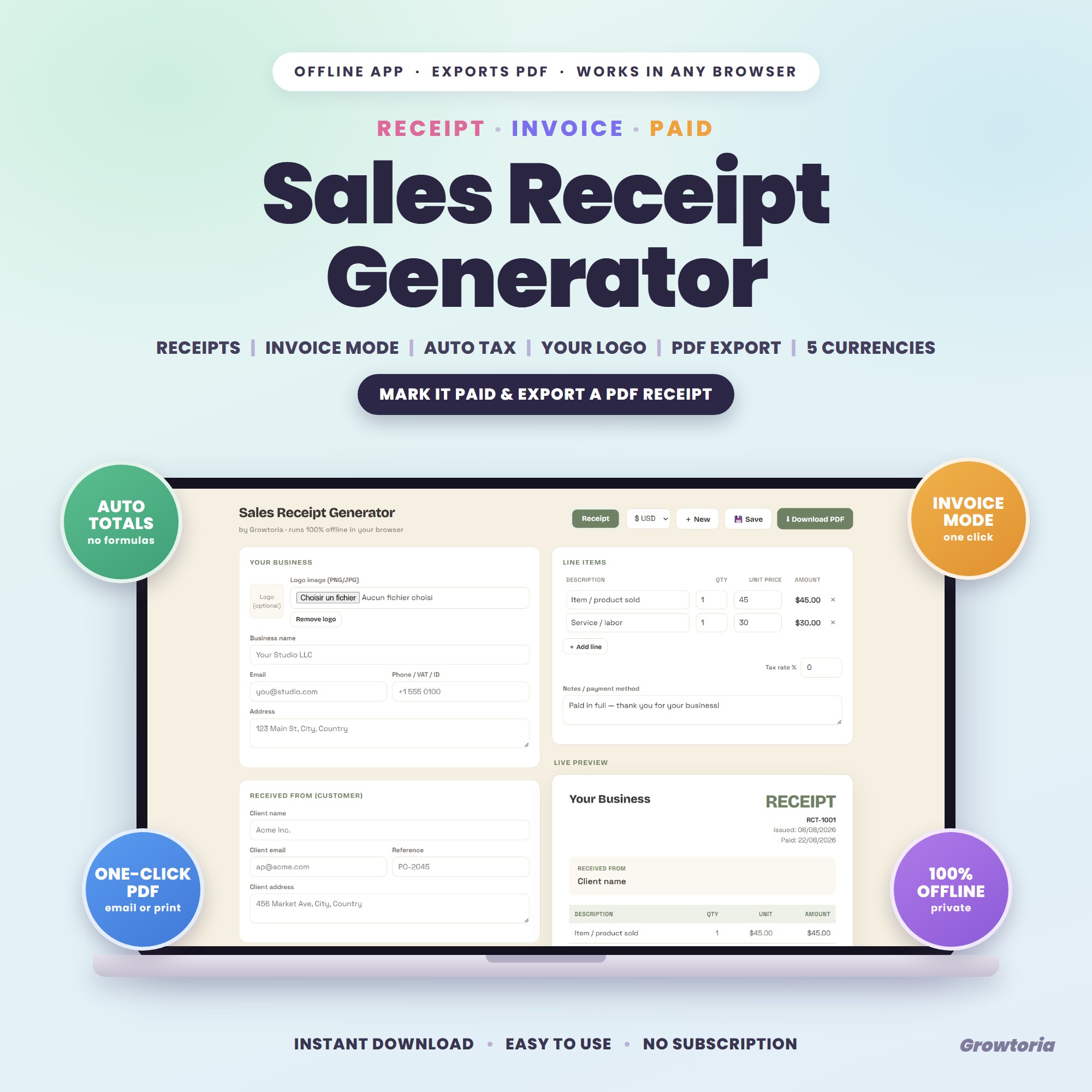 Sales Receipt Generator App | Receipts & Invoices, Auto Tax, Your Logo, PDF Export | Offline, No Subscription