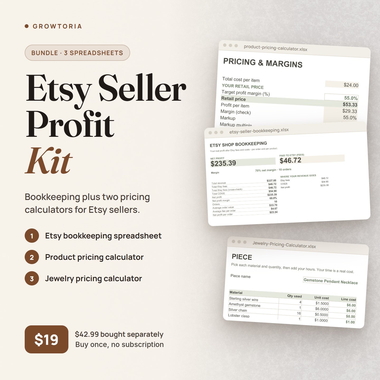Etsy Seller Profit Kit — 3 spreadsheets: bookkeeping + product & jewelry pricing