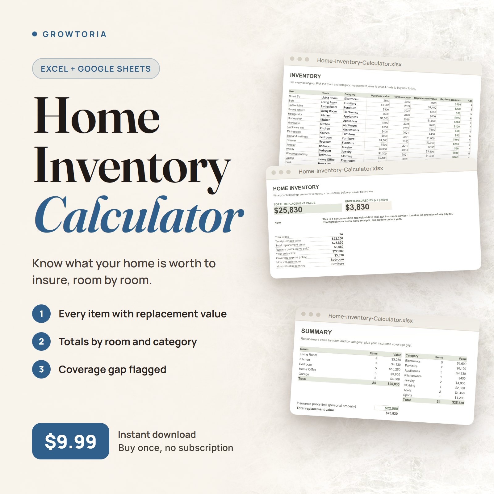 Home Inventory Calculator | Insurance, Moving List (Google Sheets, Excel)