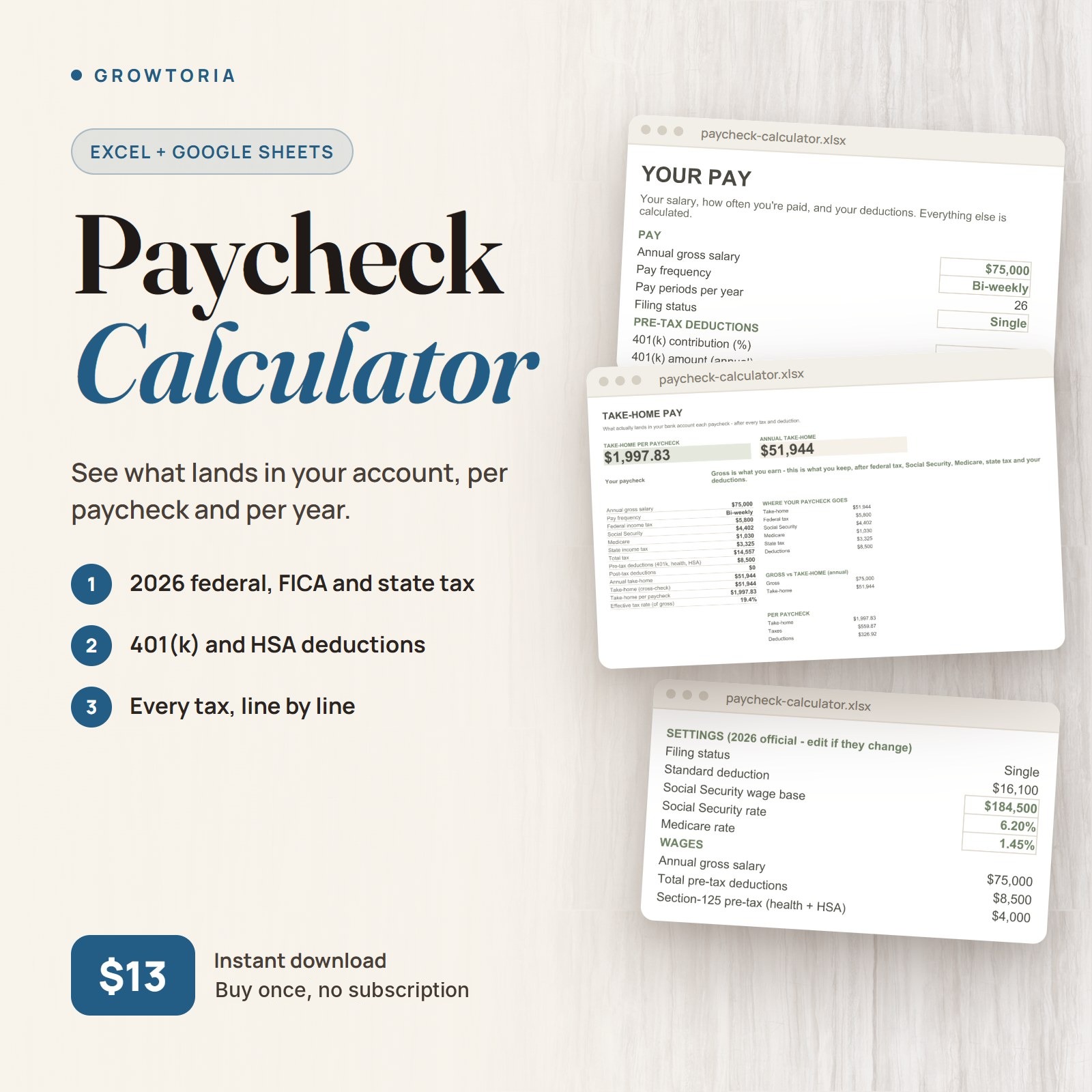 Paycheck Calculator | 2026 Tax Breakdown (Google Sheets, Excel)