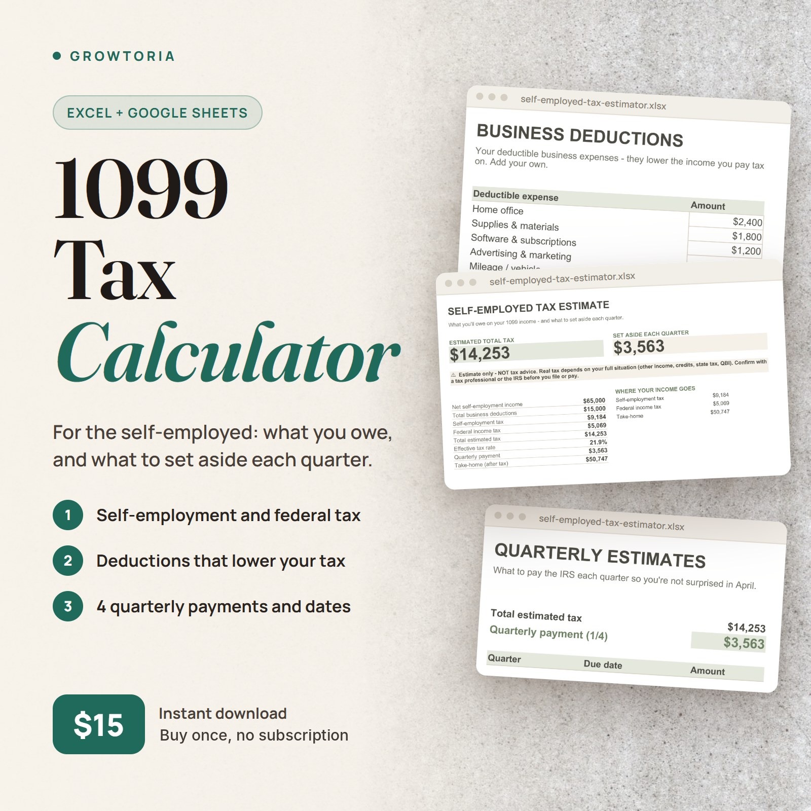 Self-Employed Tax Calculator | 1099 Quarterly Tax Spreadsheet (Google Sheets, Excel)