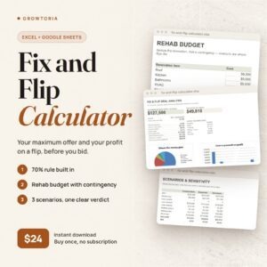 Fix and Flip Calculator | House Flipping Deal Analyzer Spreadsheet (Google Sheets, Excel)