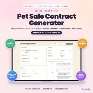 Pet & Puppy Sale Contract Generator App | Breeder Bill of Sale, 8 Clauses, Signatures, PDF | Offline, No Subscription