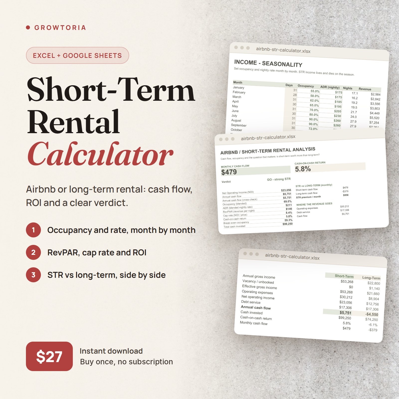 Short Term Rental Calculator | STR vs Long-Term Cash Flow Analyzer (Google Sheets, Excel)